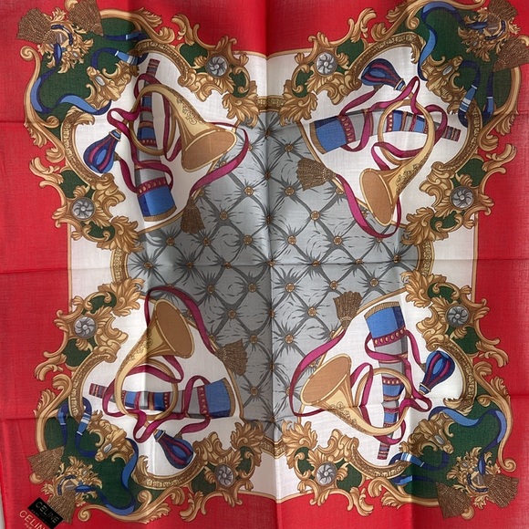 CELINE Paris  trumpet pattern Cotton Handkerchief Scarf Red and white - Picture 2 of 13